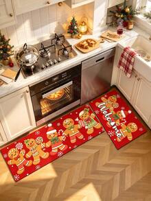 1/2pcs Christmas Kitchen Decor Rug, Christmas Gingerbread Man Pattern Design Winter Kitchen Carpet And Mat, Non-Slip Washable Absorbent Kitchen Accessories Decor Mat, Christmas Holiday Gift! - Multicolor - View 3