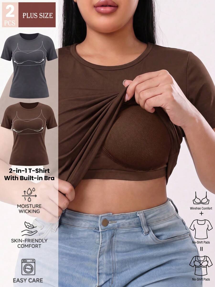 Plus Size 2-Pack Built-In Shelf Bra Top, Fall Layering Crew Neck T-Shirt With Fixed Pads, Wirefree Tee - Multicolor - View 1