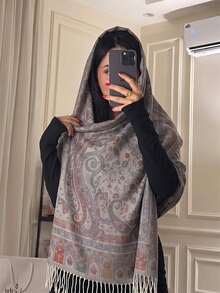 1件女款時尚保暖印花圍巾，經典佩斯利花紋希賈布披肩，適用於阿巴雅 - 粉色 - 查看 3