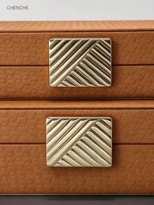 2pcs Cognac Brown Geometric Embossed PU Jewelry Box Set, Gold Wavy Zinc Alloy Metal Clasp, Velvet Lining, Luxury Storage Organizer Box For Bedroom Vanity, Home Decor Wedding Gift - Cognac Brown - View 7