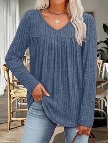 Plus Size Women Solid Color Ribbed V-Neck Long Sleeve Casual Everyday Vacation Top - Dusty Blue - View 4