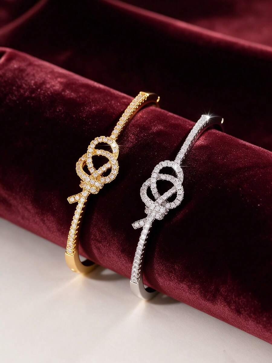 1pc Luxury Double Ring Knot Full Rhinestone Thin Bracelet, Intertwined ...