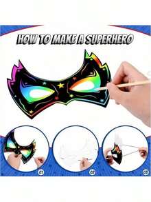 2pcs Scratch Art Hero Masks, Includes Elastic Band And Wooden Scratching Pen, Suitable For DIY Crafts, Masquerade, Carnival, Christmas And Thanksgiving Decoration (6 Masks + 6 Bags + 6 Bamboo Sticks) - Multicolor - View 7