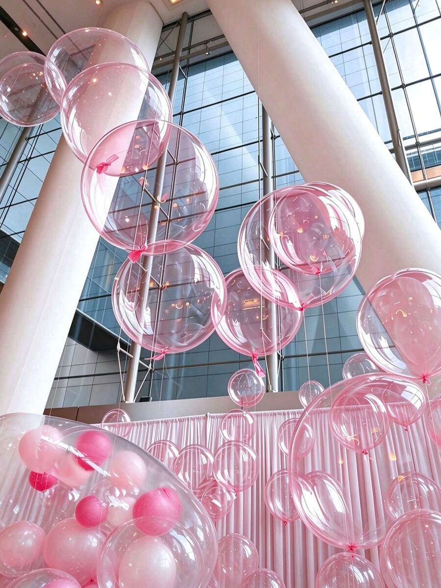 5pcs 18-Inch Pink Bubble Foil Balloons, Round Mylar Balloons For Wedding Birthday Party Decoration, Balloon Arch Photo Wall Backdrop Props, Camping Anniversary Home Decor
