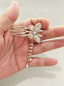 1/2pcs Sparkling Rhinestone Butterfly Hair Comb With Double Layer Pearl Pendant Tassel Hair Accessory, Women's Updo Fixing Tool, Gentle Atmosphere Versatile Hair Pin - Multicolor - View 5