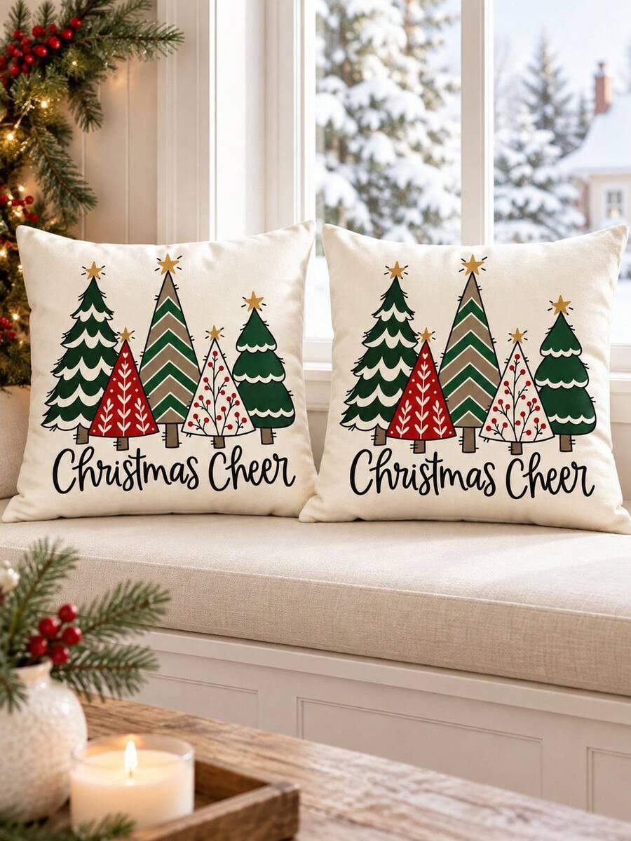 shangxia 2件組聖誕圖案印花枕套 米色背景卡通手繪多棵聖誕樹 Christmas Cheer 字樣 客廳軟裝沙發靠墊套 不含枕芯 - 彩色 - 查看 1