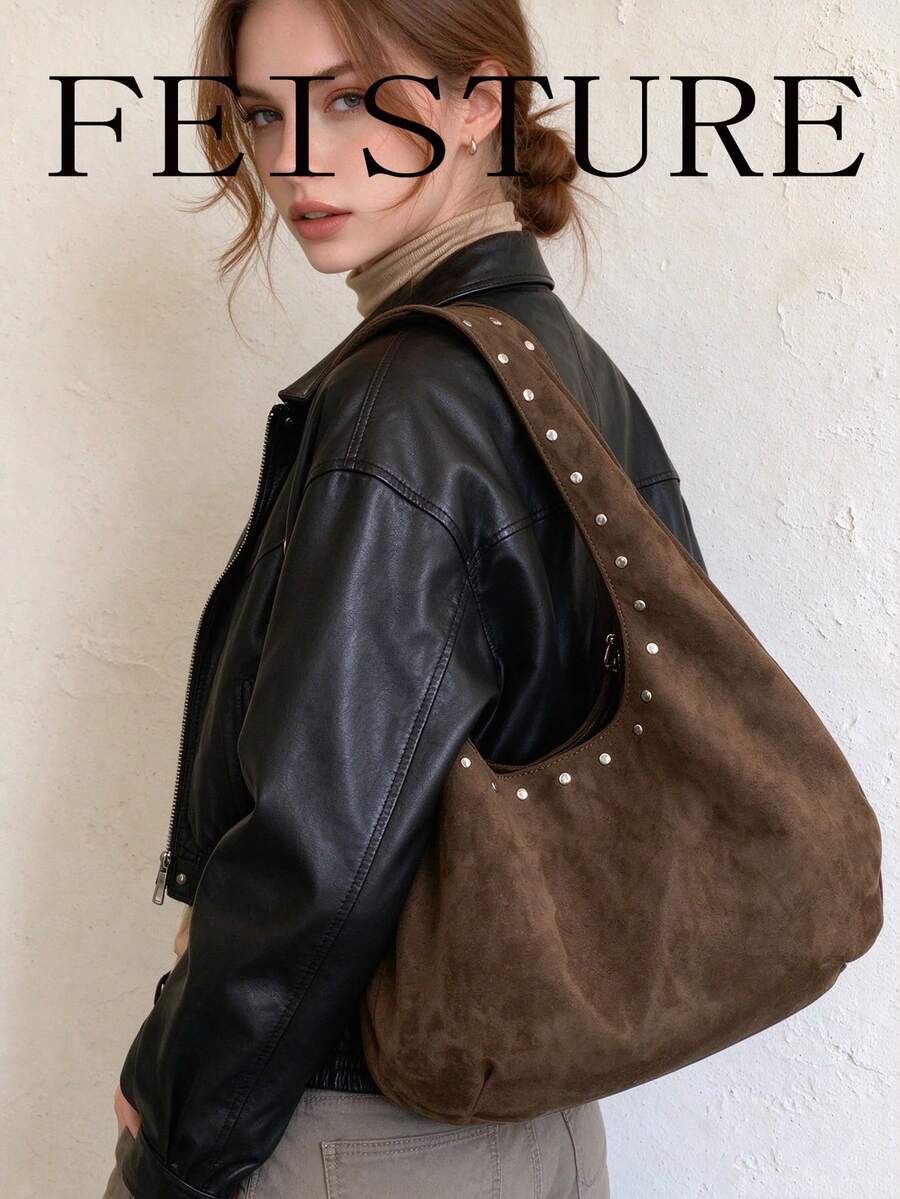 FEISTURE 1件裝鉚釘裝飾女款大容量腋下包，時尚麂皮材質肩背新月包，適合女孩、女性、大學生、職場新人與白領上班族，完美適配工作、商務、通勤、上學