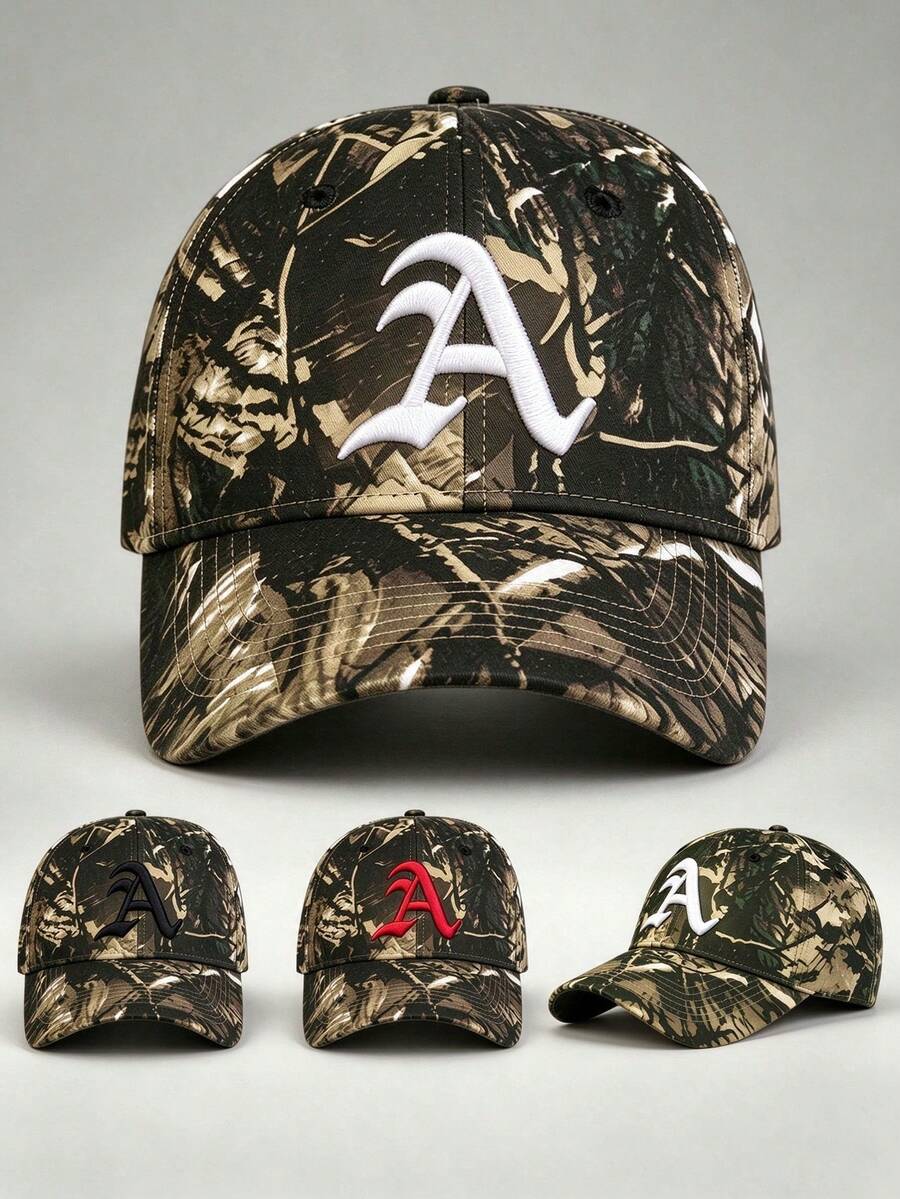 1pc Men Camo Hats Letter A Embroidery Baseball Cap Adjustable Design Perfect For Travel Parties Everyday Wear Outdoor Activities And Sun Protection.