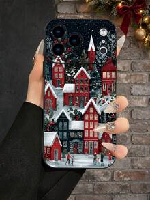 1pc 2D Printed Christmas Town Pattern, Popular Creative Premium Design, Waterproof Durable Dust-Proof Fashion Minimalist With Camera Protection Black Matte Texture Full Coverage Protective Phone Case, Compatible With: 18Pro Max/17Pro Max Phone Case/18Pro/17/17Pro/16promax/16/15/14/13/12/11/7/8/XR/XS/All Plus/Pro/Pro Max Series; Galaxy - Black - View 2