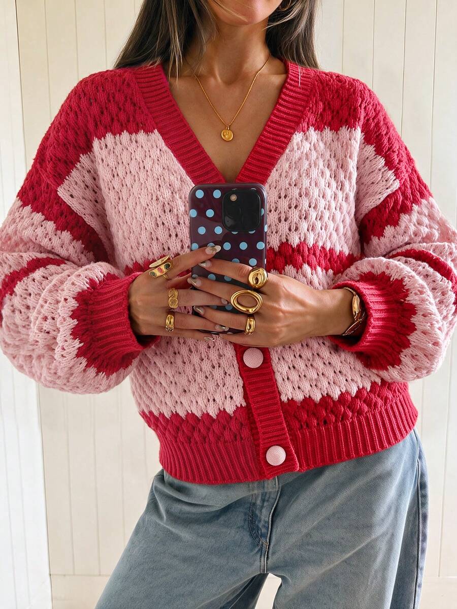 Women's V-Neck Front Button Knit Cardigan, Long Sleeve Colorblock Sweater, Short Casual Winter Jacket - Multicolor - View 1