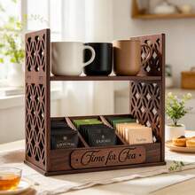 Wooden Tea Bag Storage Rack With Cup Holder, Countertop Coffee Bar Organizer, Divided Desktop Storage Box For Tea Bags, Cups, Coffee Pods And Small Accessories - Multicolor - View 5
