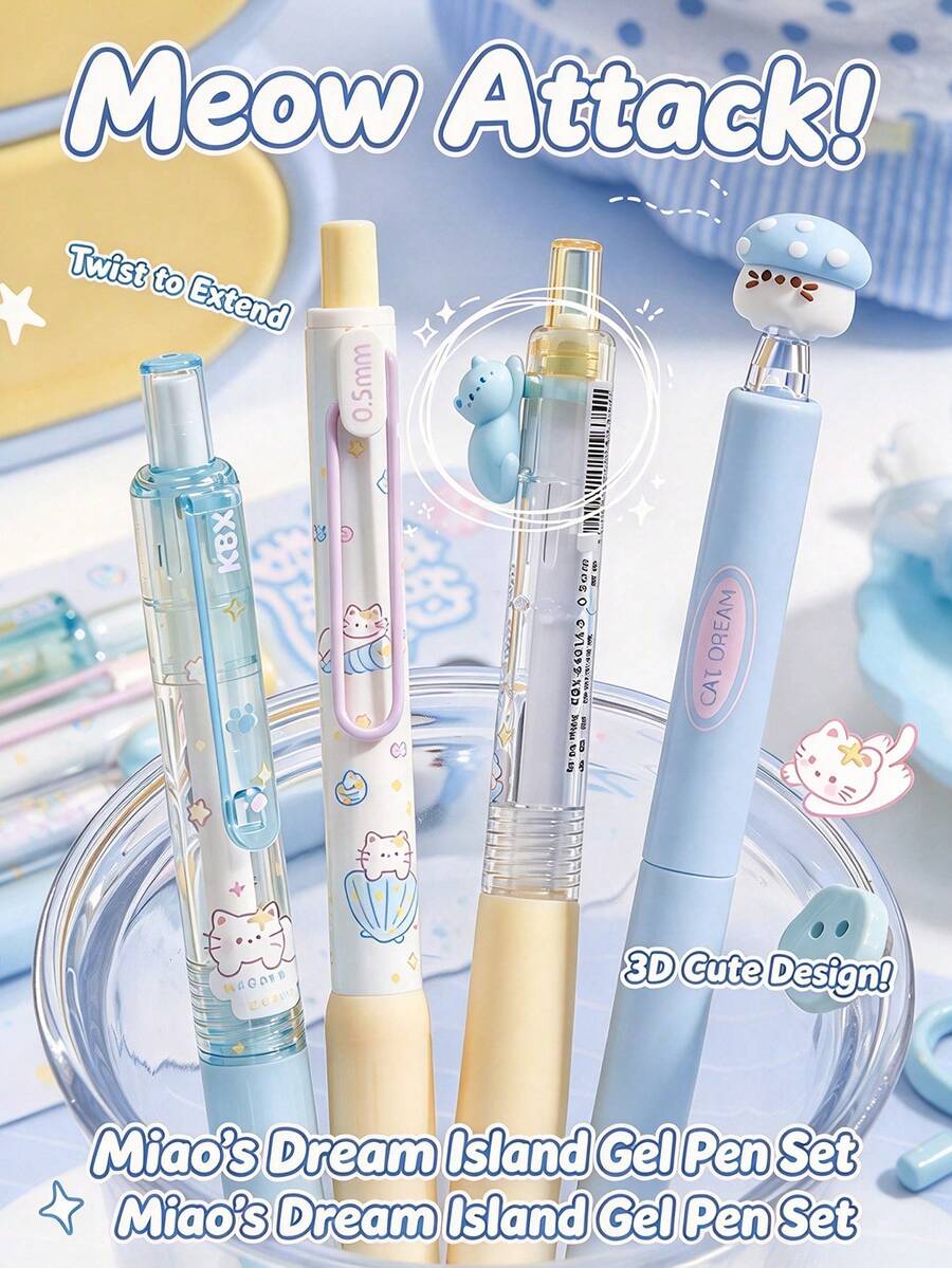 1/4pcs Cute Cat Mushroom Neutral Pens, 0.5mm CS Tip Quick-Dry Non ...