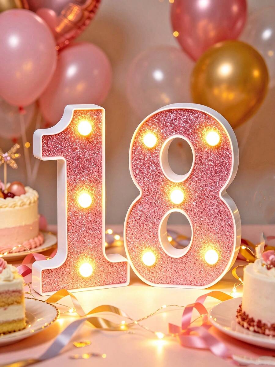 16cm 1/18/20/60歲粉色生日派對裝飾 LED 數位燈，電池供電數位燈牌，附掛孔發光數字燈