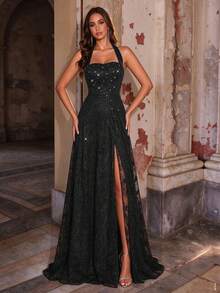 Mgiacy Autumn/Winter Elegant Glossy Faux Pearl & Rhinestone Embroidered Lace Long Dress, Halter Neck High Slit Evening Gown, Suitable For Party, Wedding Guest, Prom - Black - View 6