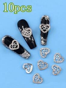 10pcs Alloy Hollowed Out Heart-Shaped Three-Dimensional Exquisite Luxury Nail Accessories, Shiny White Nail Rhinestones, DIY Nail Salon Specific, Suitable For French And Japanese Nails - Multicolor - View 5
