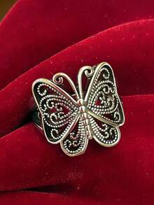 1 Pc Vintage Silver Tone Twisted Wire Filigree Butterfly Hollow Wide Ring, Handmade Openwork Scroll Bohemian Statement Ring For Women, No Box. - Silver - View 5
