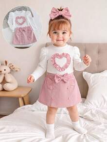 Baby Girl Autumn/Winter 2 Pieces Set, Knitted Heart Print Base Layer + Button Bow Ruffle Hem Skirt, Pink Tone Outfit, Cute And Sweet Indoor Wear For Baby Girls - White - View 2