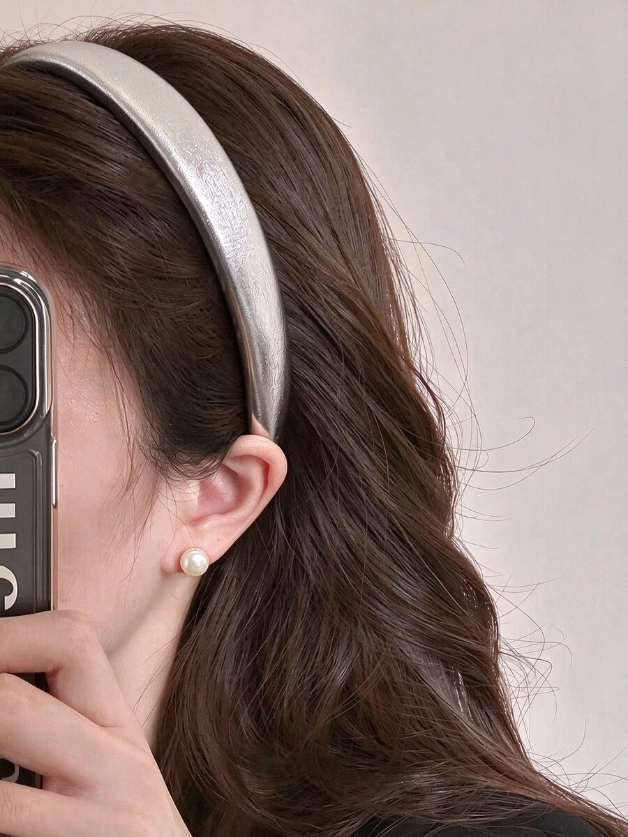 Japanese & Korean Ins Designer Style Dopamine Sweet Cool Hot Girl Silver Leather Headband Hair Hoop - Silver - View 1