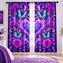2 rèm vải polyester lọc sáng, họa tiết in hoa hồng tím bướm xanh bầu trời sao hình trái tim, thiết kế túi treo thanh rèm, phù hợp cho phòng ngủ, phòng khách, văn phòng và trang trí nhà cửa, dùng cho lắp thanh rèm - Nhiều màu - Xem 7