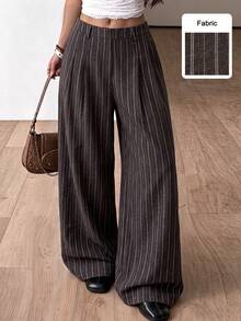 Women's Fashion Casual Autumn High Waist Striped Loose Straight Leg Pants, Versatile Outfit, Suitable For Party, Wedding, Christmas - Brown - View 2