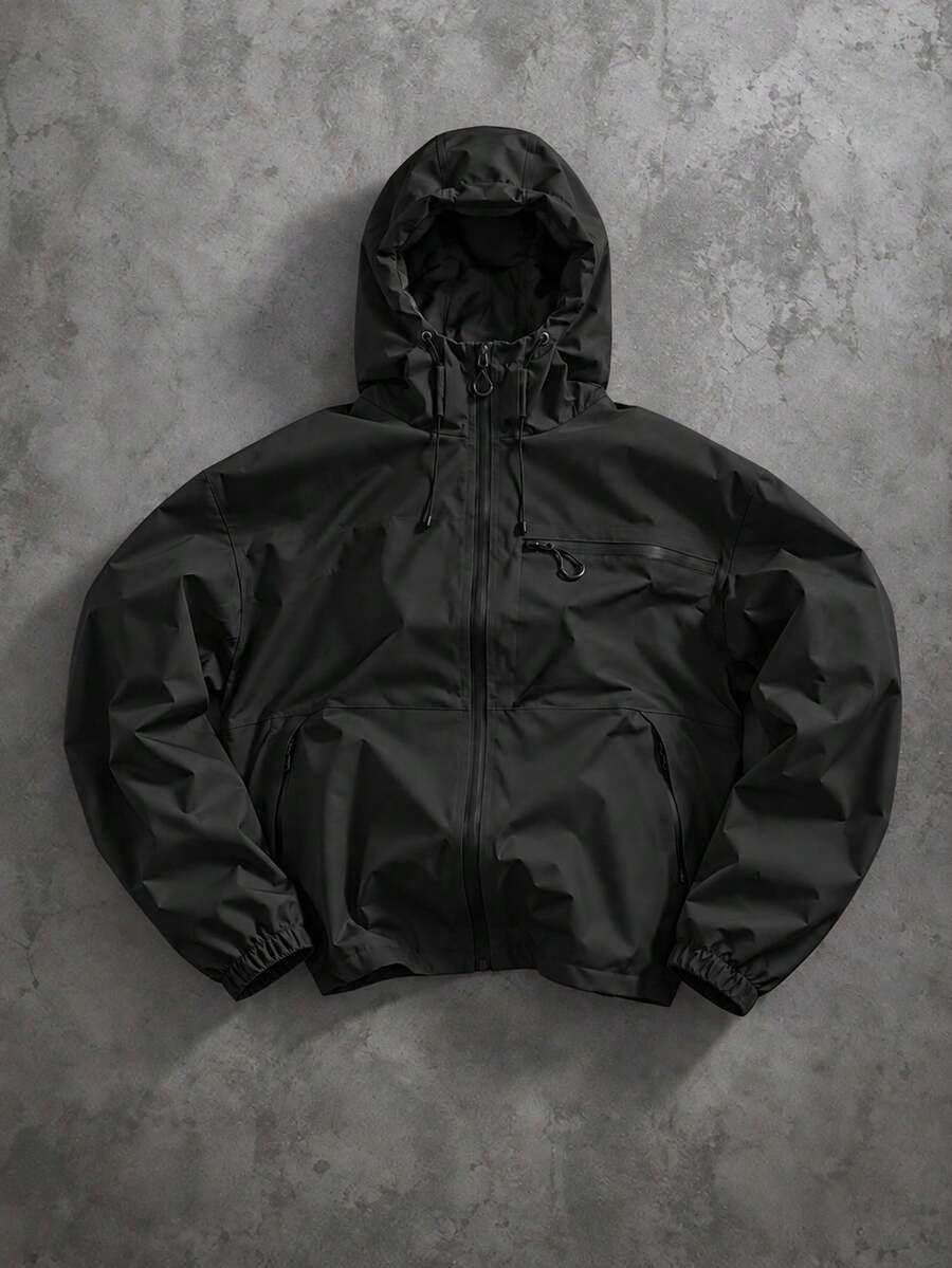 Black Multi-Pocket Drawstring Hooded Zip-Up Jacket, Spring/Autumn Outdoor Mountain Style & Urban Street Basic Jacket, Loose Fit Full Zip Hooded Windbreaker Top For Men - Black - View 1