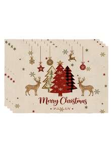 2Pcs Xmas Table Placemats Vintage Farmhouse Christmas Tree Elk Print Heat Resistant Table Mats Christmas Party Tabletop Decoration - Apricot - View 8