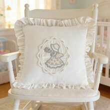 Vintage Girl Applique Embroidered Cushion Cover With Ruffle Trim And Lace Detail, White Romantic Decorative Pillow Cover For Sofa, Bedroom & Cottagecore Home Decor, 35x35cm - Multicolor - View 1