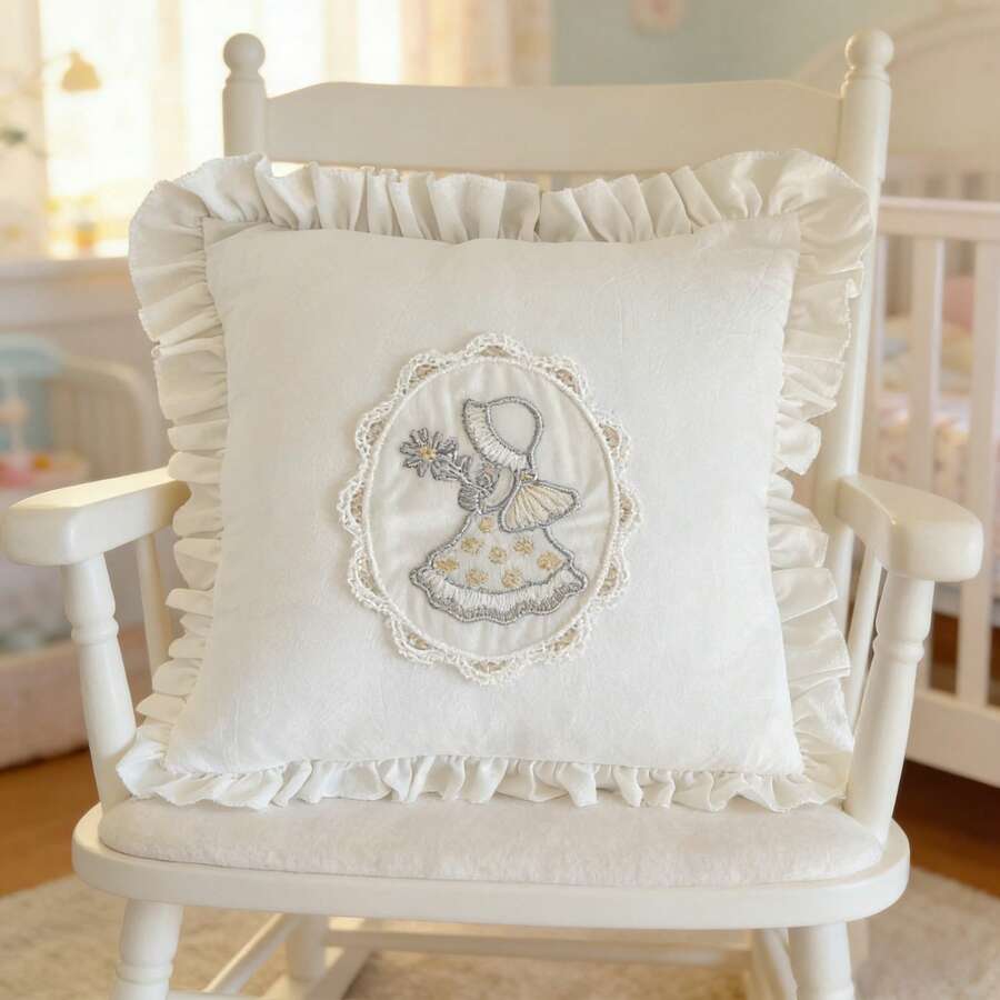 Vintage Girl Applique Embroidered Cushion Cover With Ruffle Trim And Lace Detail, White Romantic Decorative Pillow Cover For Sofa, Bedroom & Cottagecore Home Decor, 35x35cm - Multicolor - View 1