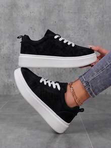 Women's Thick Sole Low-Top Sneakers, Anti-Slip Wear-Resistant Sole, Versatile Casual Commuter Skate Shoes - Black - View 1