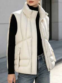 Women's Winter Casual Solid Color Zipper Front Stand Collar Short Padded Vest - White - View 2