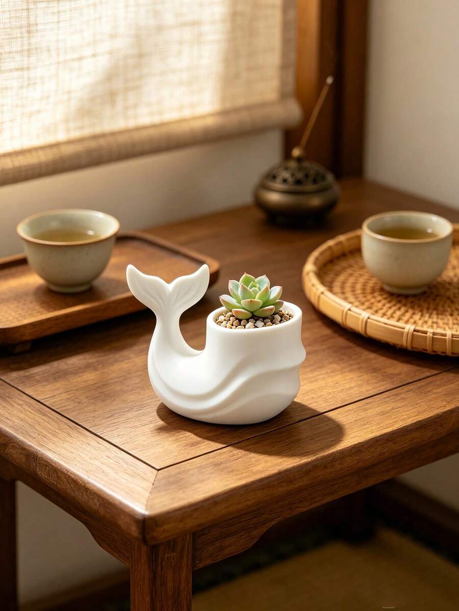 3D Printed Whale Shaped Succulent Planter, Smooth Wave Fish Tail Curved Design, Black White Blue Three Colors. Suitable For Planting Succulents, Cacti, Placing On Windowsill And Desk, Combining Planting Function And Ocean Style Desktop Decoration Effect.