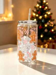 16oz Clear Cup With Christmas Theme Design, Featuring Snowflake, Gingerbread And Christmas Tree Patterns. Full Of Holiday Spirit, It Comes With Lid And Straw, Very Practical And Reusable, Perfect For Holiday Gatherings. - Multicolor - View 4