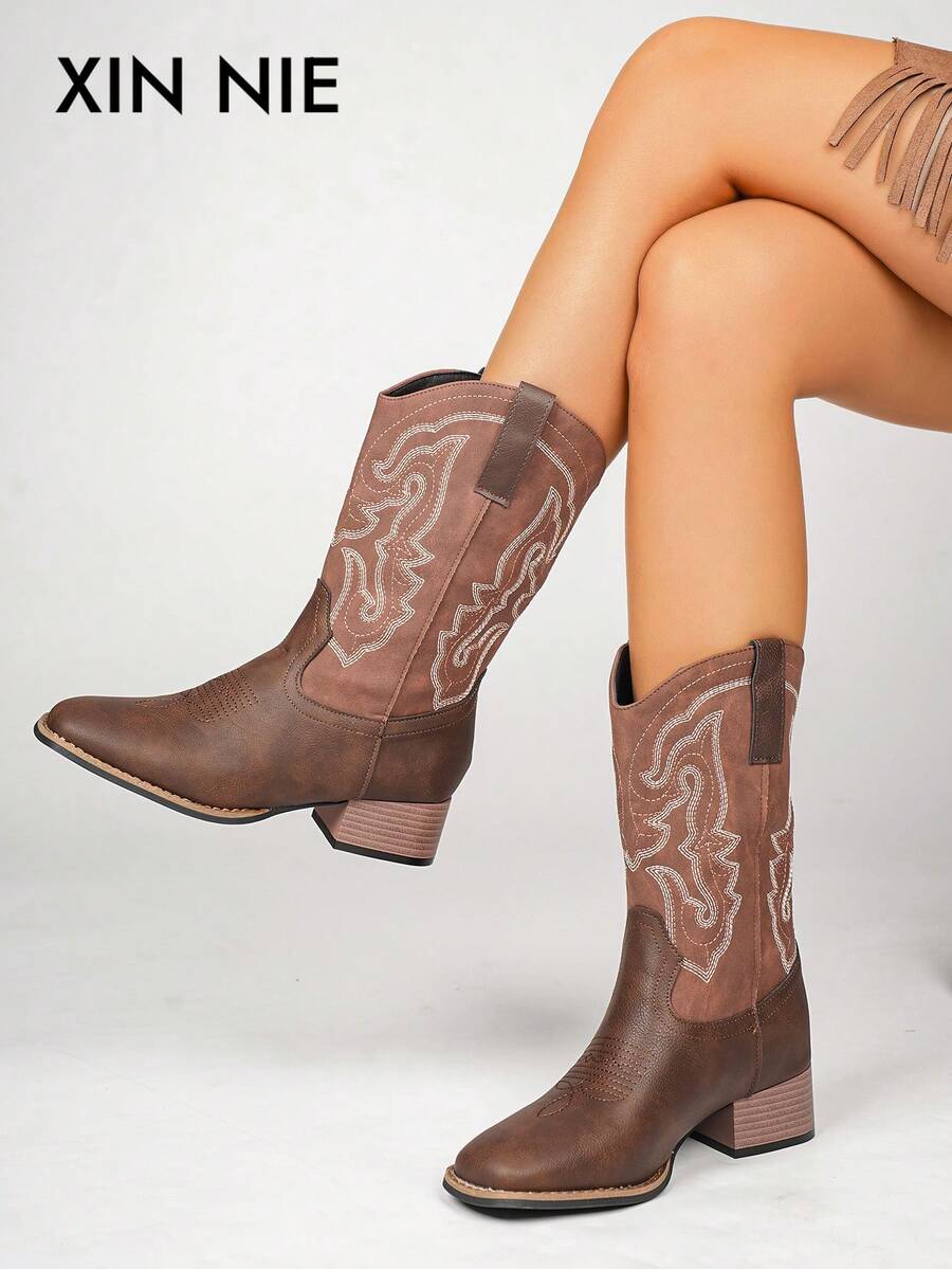 Fall/Winter Women's 2025 Autumn/Spring New Outdoor Fashion Detail Patchwork Embroidery Slip-On Ankle Boots Western Ankle Boots,Boots For Women,Cowboy Boots