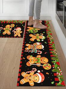 1/2pcs Christmas Kitchen Decor Rug, Christmas Gingerbread Man Pattern Design Winter Kitchen Rug And Mat, Non-Slip Washable Absorbent Kitchen Accessories Decorative Mat, Christmas Holiday Gift! - Multicolor - View 6