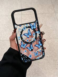 1pc Blue Butterfly Floral Pattern Acrylic Transparent Phone Case Compatible With IPhone 18/17/16 Pro, New 17/16 Magnetic Case 15 Pro/14 Pro Shockproof Silicone Hard - Multicolor - View 3