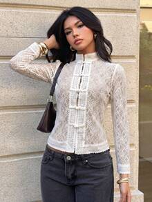 Da Jade Áo blouse nữ phong cách Trung Quốc mới mùa thu, cổ đứng, nút thắt kiểu ếch, ren, tay dài, eo xếp bèo, dáng ôm thanh lịch, phù hợp hẹn hò, dạo phố, tụ họp, du lịch - trắng - Xem 1