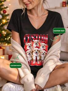Custom Pet Photo V-Neck T-Shirt, Personalized Christmas Gift, Pet Lover Exclusive T-Shirt, 90s Vintage Style Gift For Her/Him, Add Photo And Text - Black - View 10
