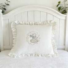 Vintage Girl Applique Embroidered Cushion Cover With Ruffle Trim And Lace Detail, White Romantic Decorative Pillow Cover For Sofa, Bedroom & Cottagecore Home Decor, 35x35cm - Multicolor - View 2