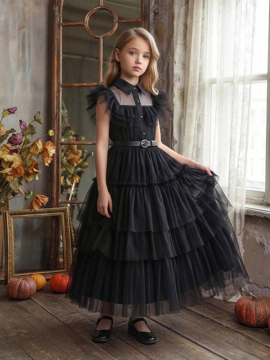 Tween Girl Black Party Princess Dress, Suitable For Holiday Celebrations, Evening Parties, Balls, Stage Shows, Halloween - Black - View 1
