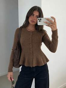 FOR BEAUTY Women's Autumn/Winter Cardigan, Ruffle Hem, Round Neck, Button Front, Brown, Long Sleeve, Slim Fit, Ribbed Knit, Y2K Style, Casual Outdoor - Chocolate - View 2