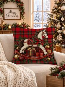 1/2/4pcs Christmas Vintage Rocking Horse Plaid Throw Pillow Cover. Only Machine Washable Pillowcases (Without Pillow Core) Are Included, Suitable For Sofas, Beds, Chairs, And Holiday Decorations - Red - View 4