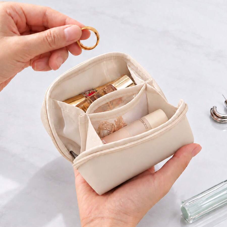 Mini Open-Top Flat Makeup Bag, Large Opening Waterproof PU Leather, 3-Compartment Cosmetic Organizer, Portable Travel Makeup Bag, Travel Essential Storage Bag