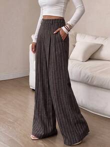 Women's Fashion Casual Autumn High Waist Striped Loose Straight Leg Pants, Versatile Outfit, Suitable For Party, Wedding, Christmas - Brown - View 4