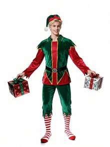 Christmas Elf Adult Men's Costume Red And Green Halloween Carnival Christmas Party Cosplay Elf Outfit Set Without Gift Box - Multicolor - View 7