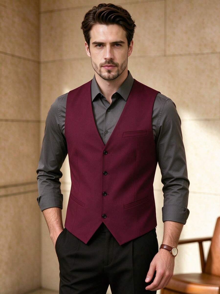 Men's Slim Fit Suit Vest, Sleeveless Formal Waistcoat, Suitable For Weddings, Evening Parties, Business Meetings, Versatile Formal Wear - Red - View 1