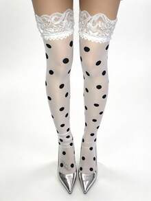 1 Pair White Black Polka Dot Lace Trim Over-The-Knee Long Socks, Thin ...