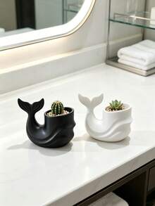 3D Printed Whale Shaped Succulent Planter, Smooth Wave Fish Tail Curved Design, Black White Blue Three Colors. Suitable For Planting Succulents, Cacti, Placing On Windowsill And Desk, Combining Planting Function And Ocean Style Desktop Decoration Effect. - Multicolor - View 10