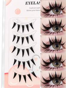 5 Pairs Of Spiky, Clustered, "Cartoon-Style" False Eyelashes. Featuring A Clear Band And A 3D, Spiky Design, These Lashes Are Reusable-Perfect For Cosplay, Parties, Or Creating A Photogenic Makeup Look. - Black - View 2