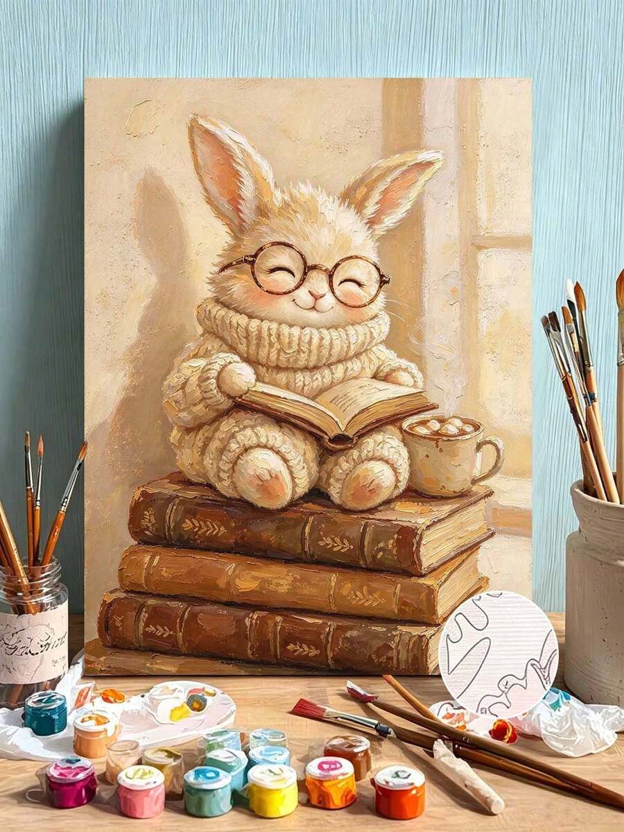 DIY Paint By Numbers Kit, Cute Bunny Reading Book Wearing Sweater Glasses Canvas Painting, Unframed Home Wall Decor Art - A - View 1