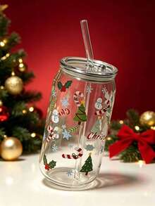16oz Clear Cup With Christmas Theme Design, Featuring Snowflake, Gingerbread And Christmas Tree Patterns. Full Of Holiday Spirit, It Comes With Lid And Straw, Very Practical And Reusable, Perfect For Holiday Gatherings. - Multicolor - View 8